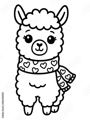 Playful Alpaca Portrait: An endearing alpaca illustration, showcasing its fluffy coat and adorable charm with a heart-patterned scarf.