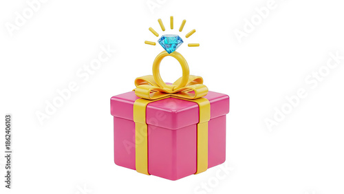 Pink gift box with diamond ring and yellow ribbon