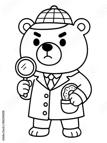 Detective Bear's Investigation: A determined bear detective, clad in classic attire, examines clues with a magnifying glass, his gaze unwavering as he investigates the mystery.