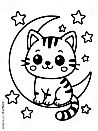 Dreamy Nighttime Companion: A charming cartoon kitten sits perched serenely on a crescent moon, surrounded by twinkling stars, creating a whimsical scene perfect for children's projects.