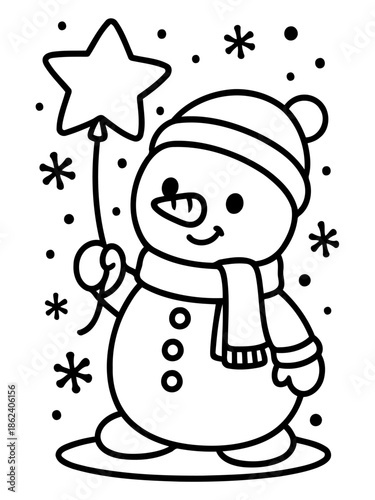 Winter's Delight: A charming snowman with a carrot nose and star balloon, amidst a flurry of snowflakes, bringing the magic of winter to life.
