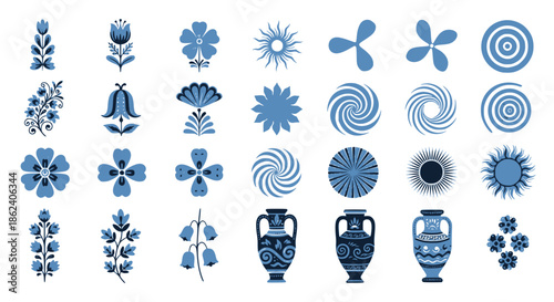 Collection of blue Mediterranean and Greek style ornaments featuring floral motifs, sun symbols, and antique vases. Transparent background SVG version.