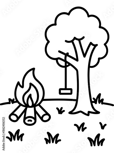 Campfire and Swing: A simple, line-drawn image of a campfire crackles merrily beside a tree with a hanging swing, evoking the simple pleasures of the great outdoors.