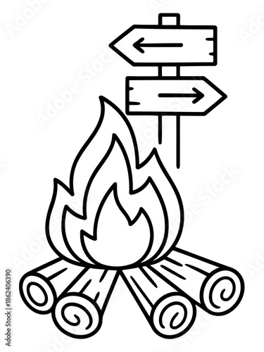 Campfire and Directional Sign: A captivating illustration of a campfire, with flickering flames dancing over logs, accompanied by a directional sign. evokes sense of adventure and guidance.