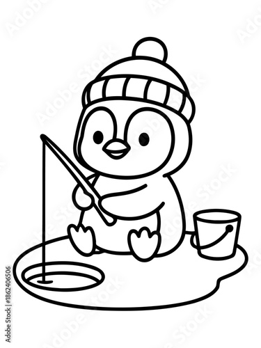Penguin's Icy Catch: An adorable penguin, bundled up in a warm hat, diligently fishes through a hole in the ice, capturing a moment of serene winter leisure.