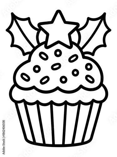 Festive Delight: A whimsical drawing showcases a delectable cupcake adorned with a star and holly, evoking the warmth of the holidays.