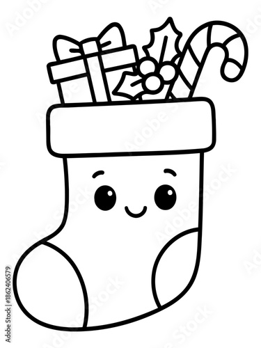 Festive Stocking Illustration: A charming holiday stocking, filled with delightful Christmas goodies and cheerful expression.