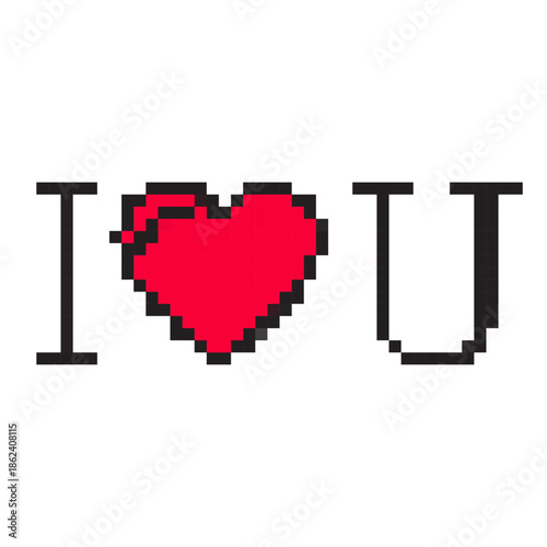 8-bit pixel art icon featuring I love you text and heart symbol for Valentine's Day. Cute, editable retro design symbolizing romance, affection, and love.
