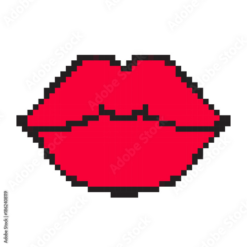 8-bit pixel art icon of romantic lips for Valentine's Day. Cute, editable retro symbolizing love, kisses, and affection. Ideal for games, apps, and holiday graphics.
