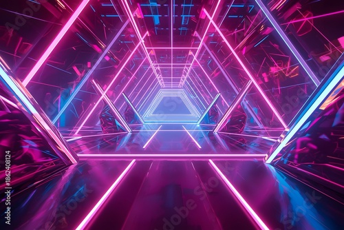 3d render, pink blue neon lines, geometric shapes, virtual space, ultraviolet light, 80`s style, retro disco, fashion laser show.