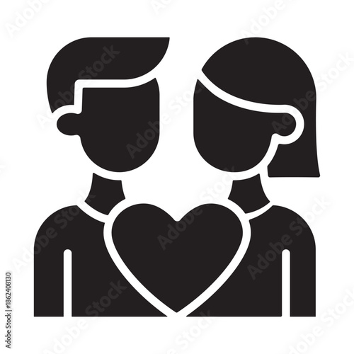 Solid icon of a romantic couple; man and woman with a heart. Minimalist symbol for Valentine's Day; love; and relationships. Professional vector illustration for web; apps; and greeting cards.