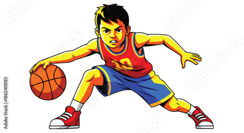 A cartoon boy in a red and blue basketball uniform dribbling a ball with a focused expression on a white background.