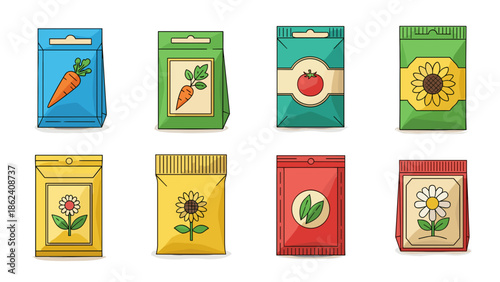 Set of eight different seed packets for gardening and agriculture illustration