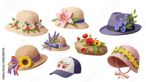 Collection of various straw hats, fedoras, and caps decorated with flowers
