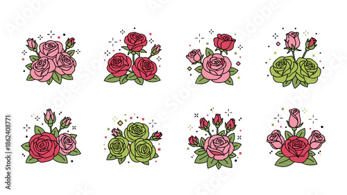 Set of eight handdrawn rose flower bouquets in pink and green colors