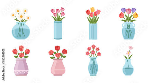 Collection of eight different flower bouquets in glass and ceramic vases