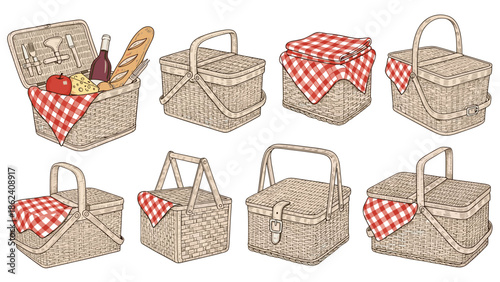 Collection of wicker picnic baskets with food and red gingham cloth illustration