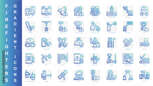Firefighters gradient icons set. contain fire truck, fire detector, fire hose, safety mask, water supply, hydrant and more. Vector for modern concept, print, UI, UX kit, web and app development.
