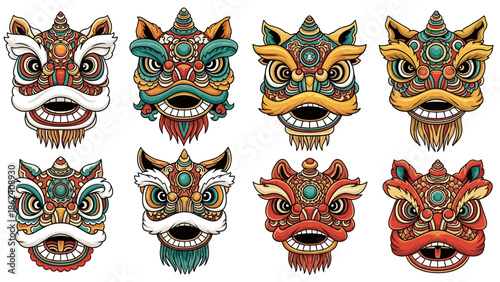 Set of eight ornate chinese lion dance heads illustrations
