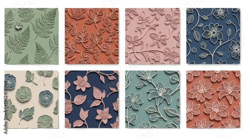 Collection of eight textured floral and leaf pattern samples in various colors