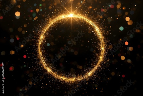 Gold glitter circle trails, glittering light shine sparkles ring on black background.