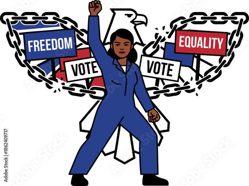 Empowered woman holding political protest signs symbolizing freedom and equality