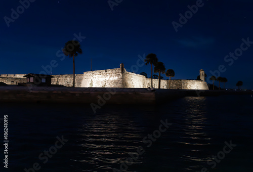 Christmas Lights on Historical Spanish Saint Augustin Florida. Historical Castillo de San Marcos St. Augustine Florida during Christmas
