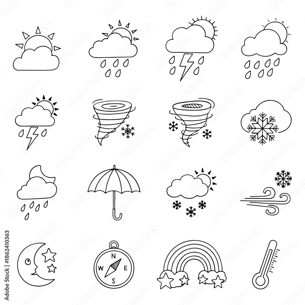 Obraz premium Hand drawn weather icons set with sun clouds rain and storm symbols