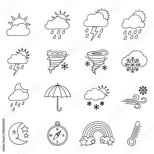 Hand drawn weather icons set with sun clouds rain and storm symbols