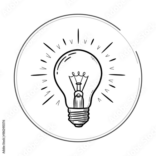 Hand drawn light bulb icon with rays of light in circle frame