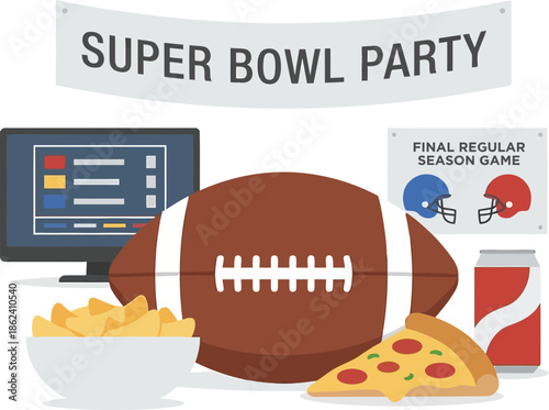 Super Bowl Party Flat Lay with Snacks and Football Celebration