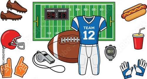American Football Sports Scene with Equipment and Uniforms
