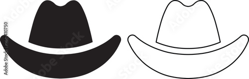 Vector cowboy hat icon set featuring solid black and outline versions of a western headwear for wild west symbols, Texas rodeo signs, and rancher clothing design elements.