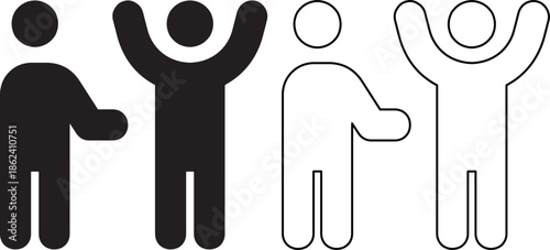 Vector success and greeting icon set featuring figures with raised arms for victory celebration and extended hand for welcome signs in solid and outline styles.