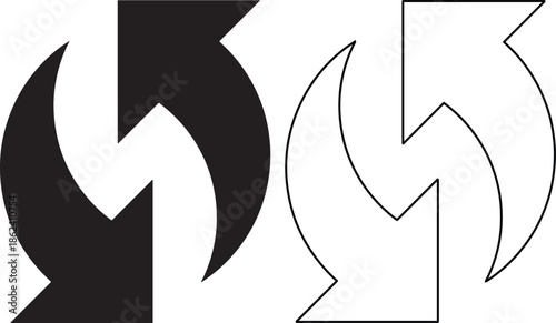 Vector refresh icon set featuring solid black and outline versions of curved loop arrows for sync symbols, update signs, data exchange logos, and reload button design elements.