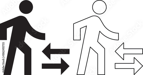 Vector walking person icon set with arrows indicating direction or transfer in solid black and outline styles for migration symbols, navigation signs, and movement design elements.