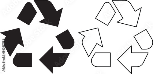 Vector recycle icon set featuring solid black and outline versions of the universal recycling symbol for eco friendly packaging, waste management signs, and environmental design.