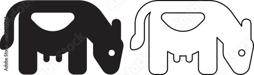 Vector cow icon set featuring solid black and outline versions of a grazing animal for farm agriculture symbols, dairy milk signs, and livestock beef logos.