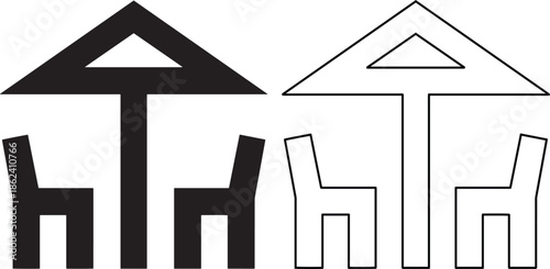 Vector outdoor furniture icon set featuring solid black and outline versions of a table with umbrella and chairs for patio dining, cafe terrace signs, and garden seating symbols.