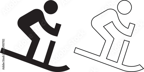 Vector skier icon set featuring solid black and outline versions of a person skiing downhill for winter sports symbols, alpine recreation signs, and snow holiday design elements.