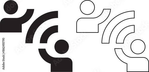 Vector communication icon set featuring user figures with signal waves in solid and outline styles for connection, social network, interaction, and speaking symbols.