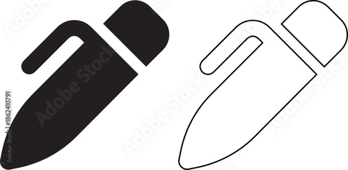 Vector pen icon set featuring solid black and outline versions of a writing tool for school, office stationery, editing signs, and educational signature symbols.