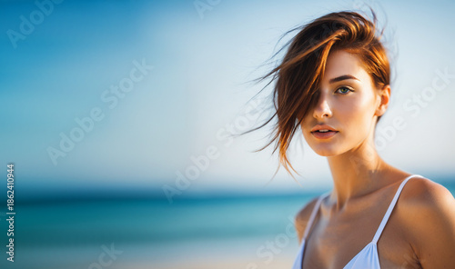 young woman in white swimwe...