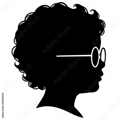 Child side profile silhouette with curly hair and glasses