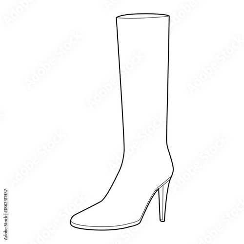 Stiletto heel knee-high shoes women single line pair. Tall shaft with pointed heel for cold weather wardrobe. Technical fashion illustration CAD mockup clean vector men unisex isolated classic style.