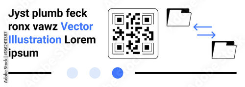 QR code at center with connecting arrows between folders, text blocks, and navigation dots. Ideal for data management, technology, digital tools, communication, connectivity, innovation simple
