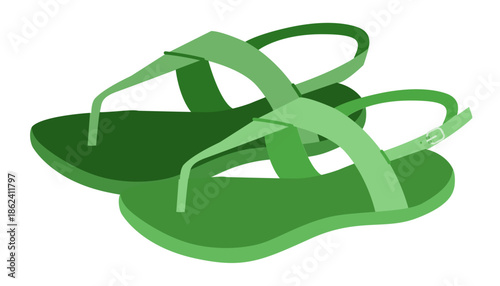 Green thong sandal shoe women flat pair. Ankle strap flip flop sandal for resort walk hotel pool. Technical fashion illustration CAD mockup soft vector man unisex isolated contemporary style.
