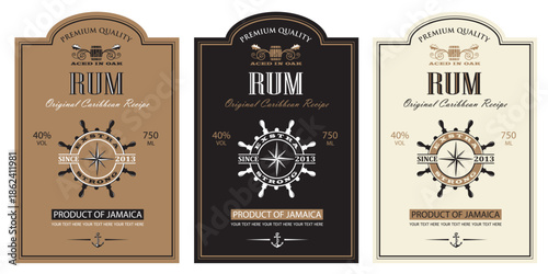 collection of rum labels with yacht helm and oak barrel in retro style
