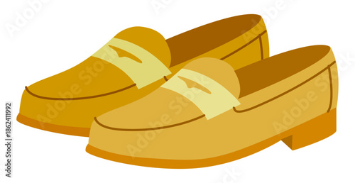 Yellow loafer shoe women flat pair. Strap front casual footwear for office commute weekend brunch. Technical fashion illustration CAD mockup soft vector man unisex isolated contemporary style.