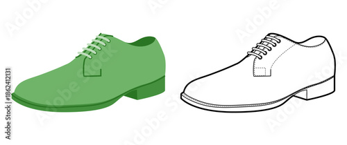 Blucher mens green flat plus line shoe set. Open lacing leather footwear versatile smart casual office style. Technical illustration CAD mockup sketch vector women unisex outline isolated.